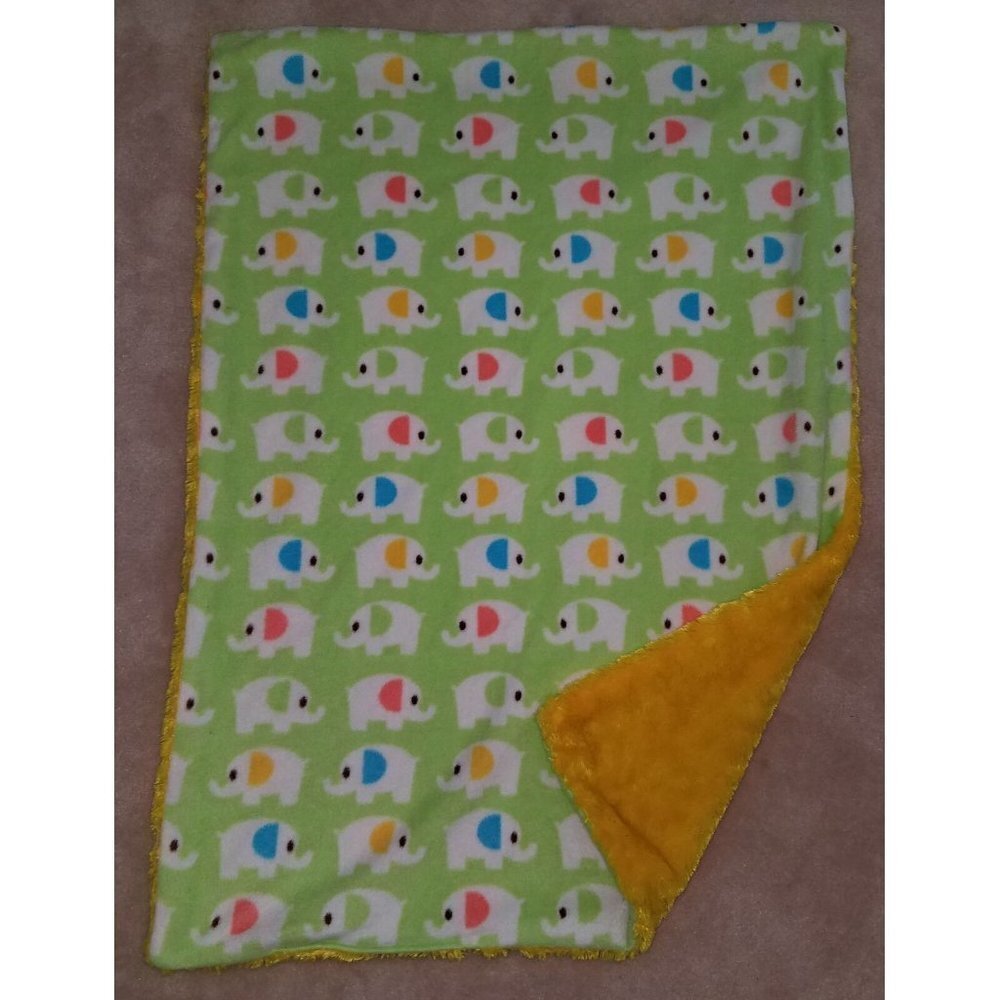 Green Elephant Fleece Baby Blanket 30" x 40" SOFT Pink Blue Yellow Ears